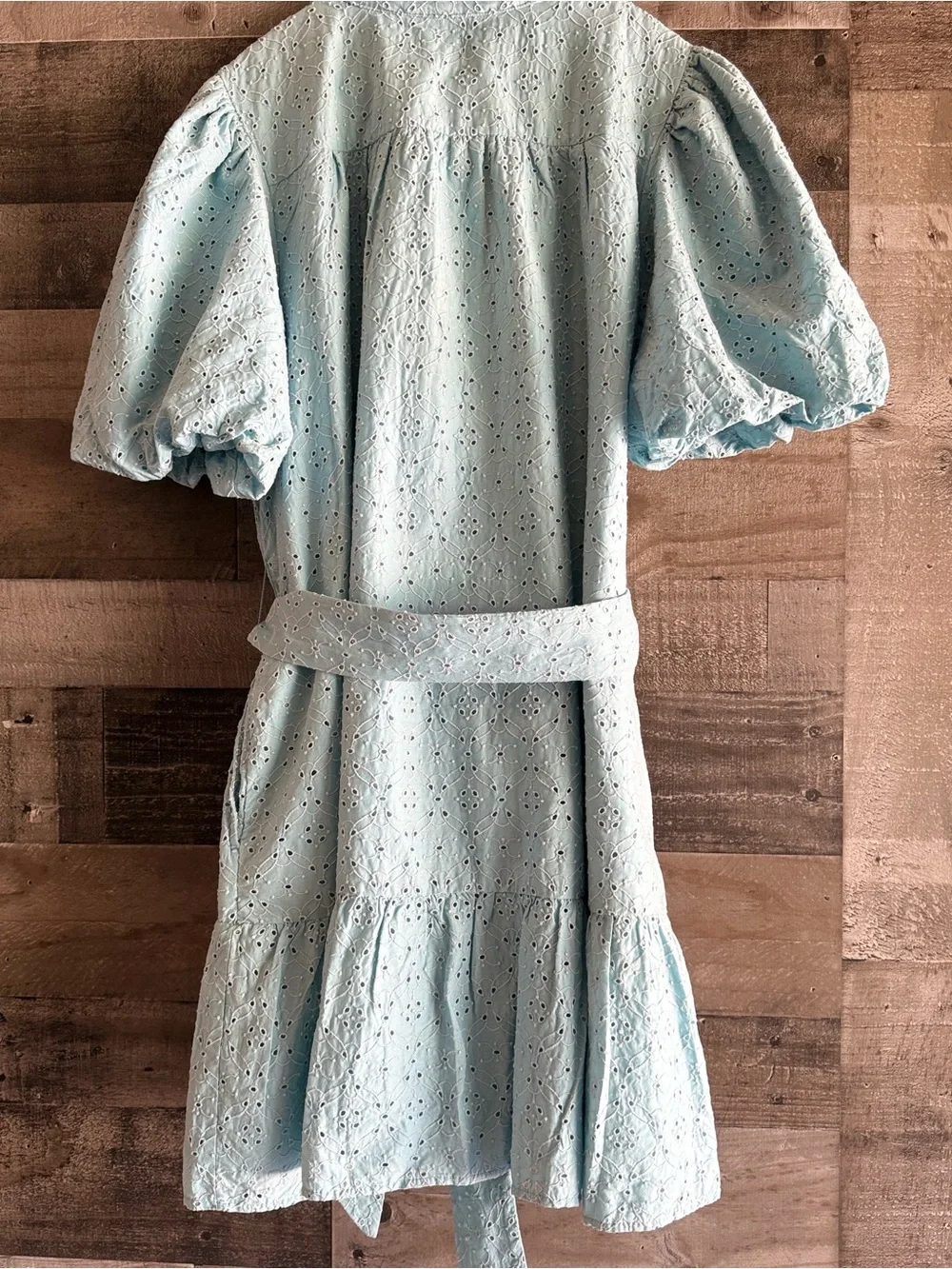 Light Blue Eyelet Shirt Mini Dress with Tie Waist - Picture 5 of 12